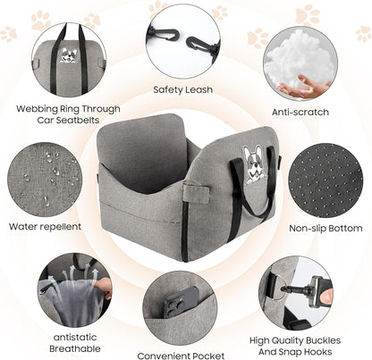 Dog Car Seat for Small/Medium Dogs.Water Repellent with Storage Pockets.Doubles as a Pet Travel Bed for Dogs Up to 40 lbs. Machine Washable Dog Carrier- Gray French Bulldog