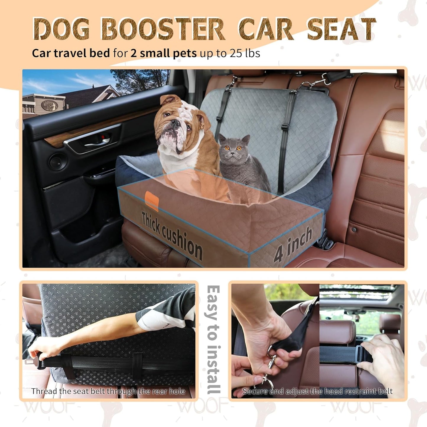 Dog Car Seat for Medium/Large Dogs Under 50 lbs,Contains 4 Inches of Memory Foam Pet Booster Seat with 2 Safety Leashes,Detachable & Washable Car Bed，Multi-Functional Pet Travel Bed with Pockets