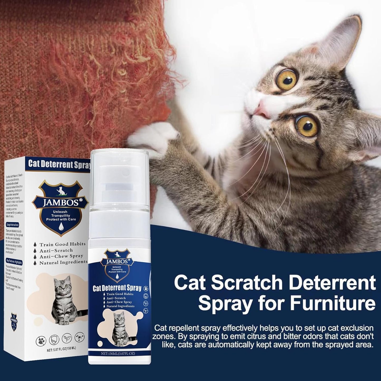 Cat Deterrent Spray - Safe Indoor & Outdoor Deterrent for Furniture Protection, Effective Training Aid with Natural Ingredients - Non-Toxic Anti-Scratch Formula (Blue, M)