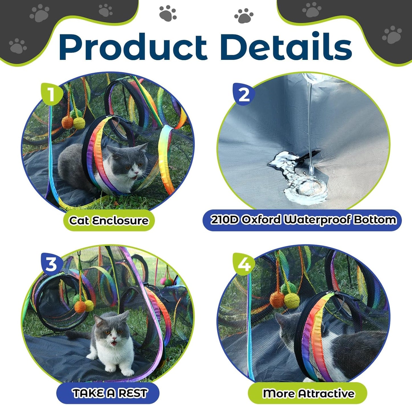 CypherX Outdoor Rainbow Cat Enclosure, 7 in 1 Portable Cat Tents for Outside Cage Free Outside Pet Enclosure Cat Tunnel Outdoor Playground for Indoor Cats and Small Animals