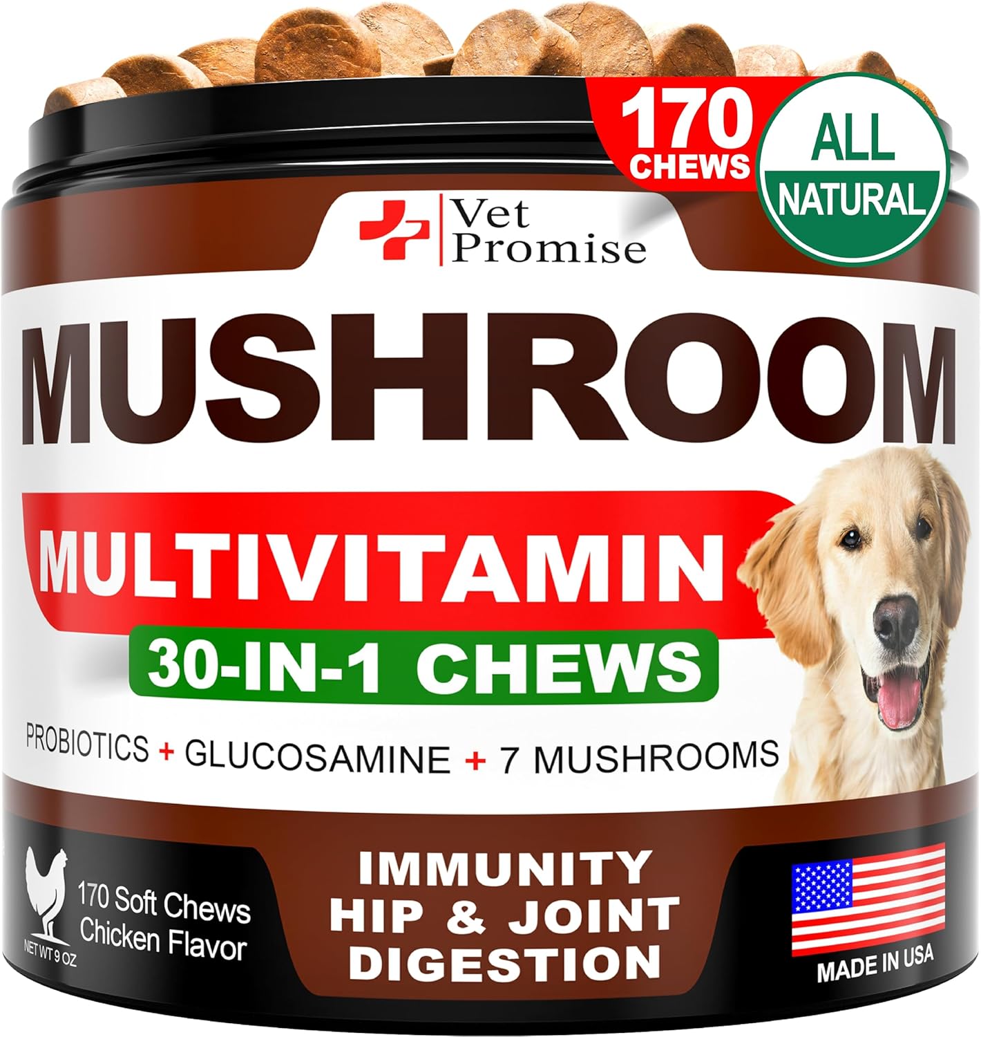 Turkey Tail Mushroom for Dogs - 170 Chews - Mushroom Supplement for Dogs - Lions Mane - Reishi - Immunity Support Multivitamin Vitamins - Joint Health - Energy - Gut - Skin - Made in USA