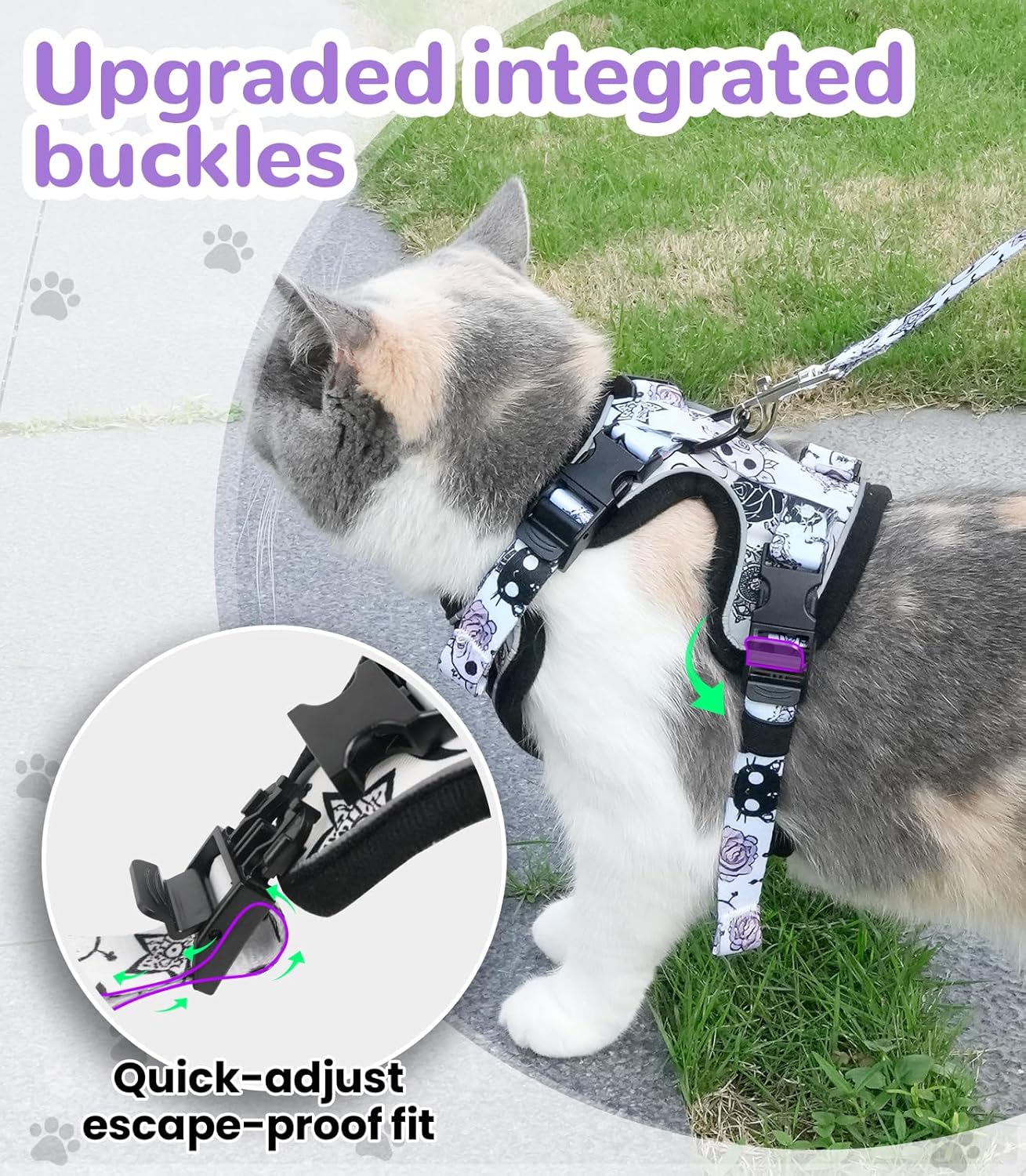 Halypet Cat Harness and Leash Set for Walking, Escape Proof Adjustable Vest Harness with 3-in-1 Integrated Buckles, Easy Control Soft Breathable Mesh with Reflective Strips for Cats, M, Moonlight Meow