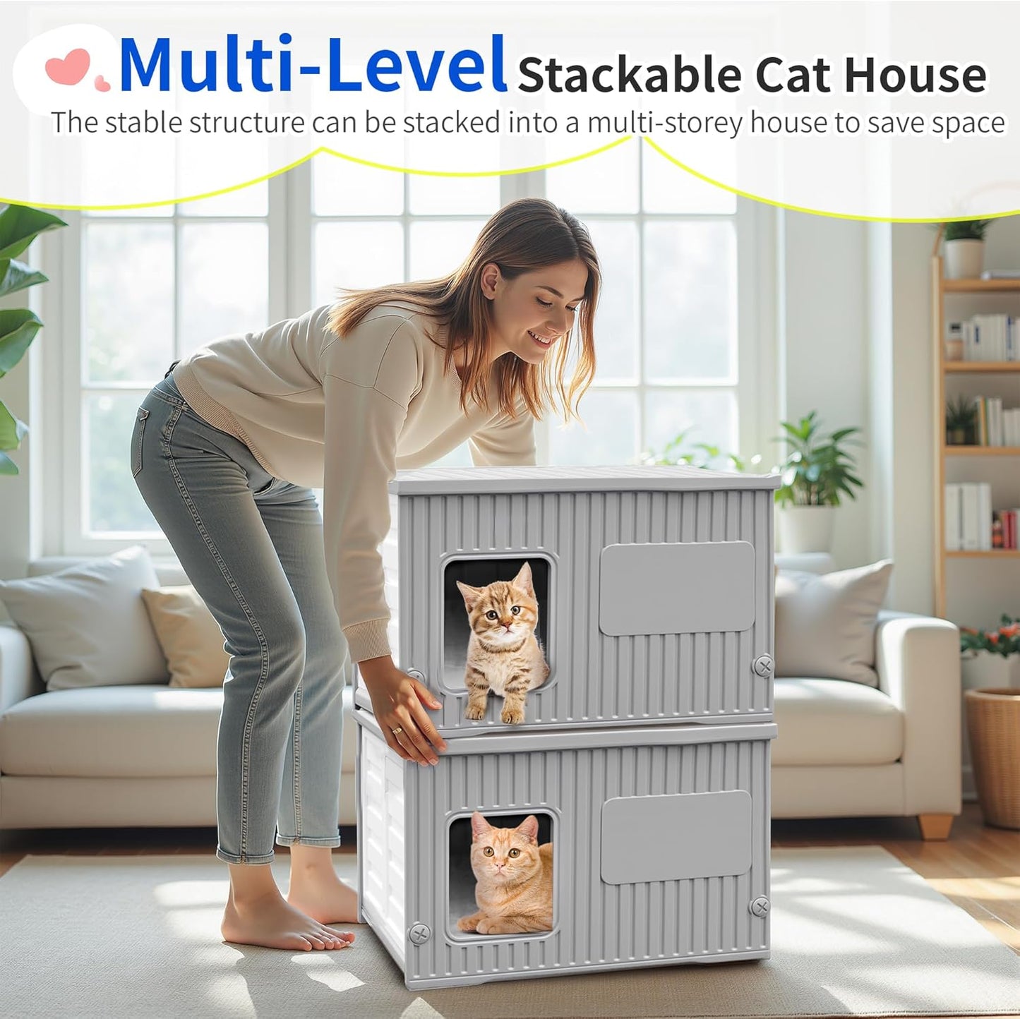 Waterproof Outdoor Cat House with Soft Mat, Plastic Cat Houses for Outdoor Cats Feral Cat House, Sturdy Cat Bed for Small Pet, Spacious, Assemble Easily-Grey