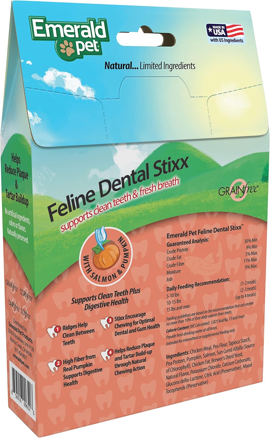 Emerald Pet Feline Dental Stixx — Tasty and Crunchy Cat Sticks with Pumpkin for Digestive Health — Natural Grain Free Dental Treats for Clean Teeth and Fresh Breath — Salmon, 3.6 oz
