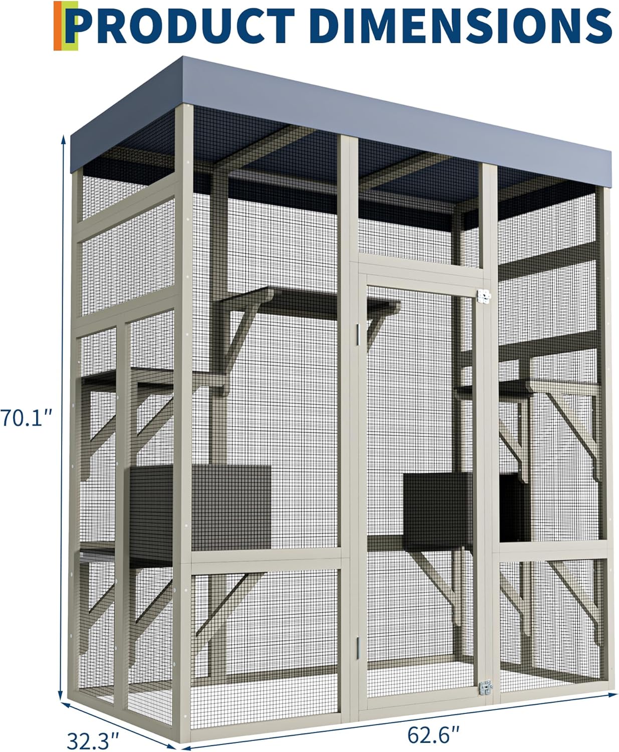 70'' Large Catio Outdoor Cat Enclosure with Perches and Condos, Wood Cat Patio with Waterproof Roof, Feral Cats Shelter 5 Platforms & 2 Resting Box, UV-Resistant Cover Roof