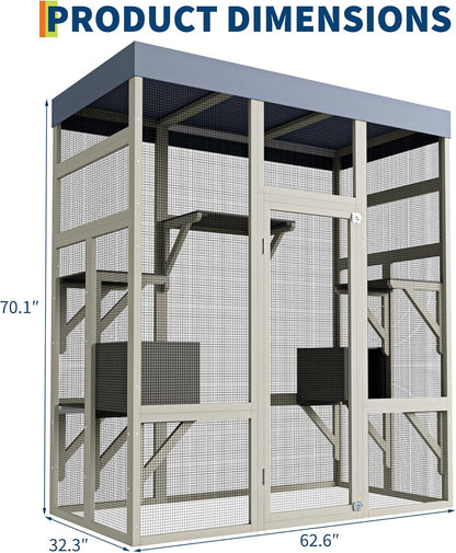 70'' Large Catio Outdoor Cat Enclosure with Perches and Condos, Wood Cat Patio with Waterproof Roof, Feral Cats Shelter 5 Platforms & 2 Resting Box, UV-Resistant Cover Roof