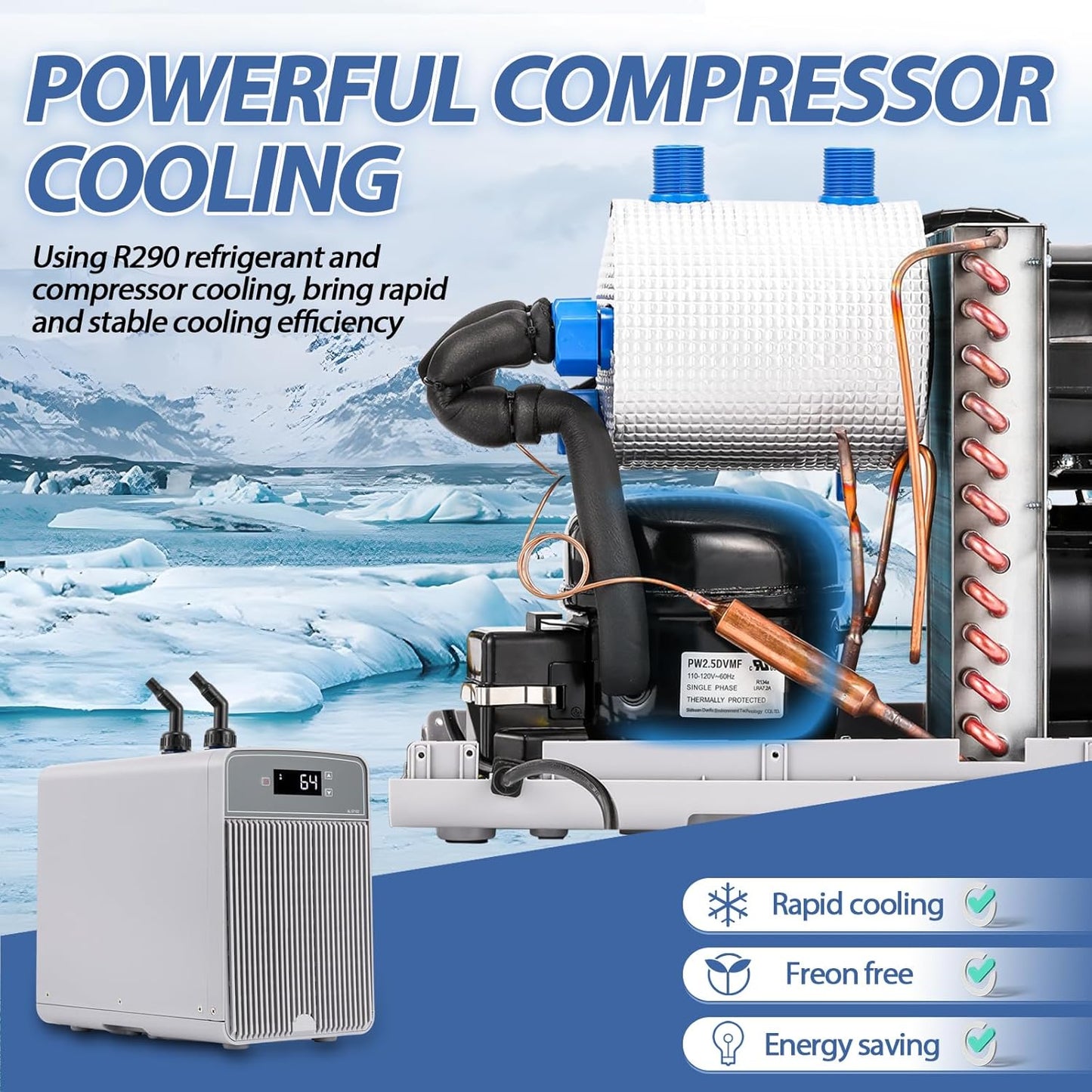 Poafamx Aquarium Chiller 42Gal Water Chiller for Fish Tank 1/10 HP Water Cooler Refrigeration Compressor for Axolotl Hydroponics System Saltwater Freshwater Coral Jellyfish with Pump and Pipe 110V