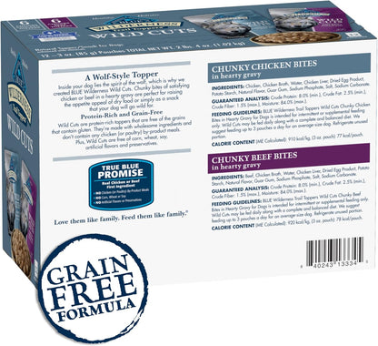 Blue Buffalo Wilderness Trail Toppers Wild Cuts Wet Dog Food Variety Pack, High-Protein & Grain-Free, Made with Natural Ingredients, Chicken and Beef Flavors, 3-oz Pouches, (12 Count, 6 of Each)