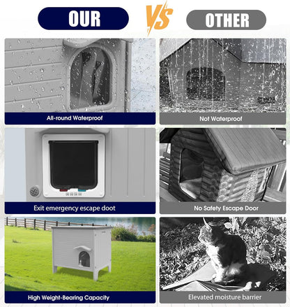 Plastic Cat House Outdoor & Indoor, Feral Cat Houses with Escape Door, Waterproof Outdoor Cat House for Feral Cats, Outside Cat Shelter for Small Pet, Assemble Easily-Grey