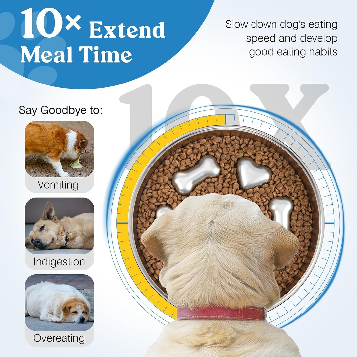 Slow Feeder Dog Bowls, 304 Stainless Steel Slow Feeder Bowl 5 Cups Metal Pet Food Bowl with Non-Slip Base for Medium & Large Breed, Bloat Stop, Dishwasher Safe