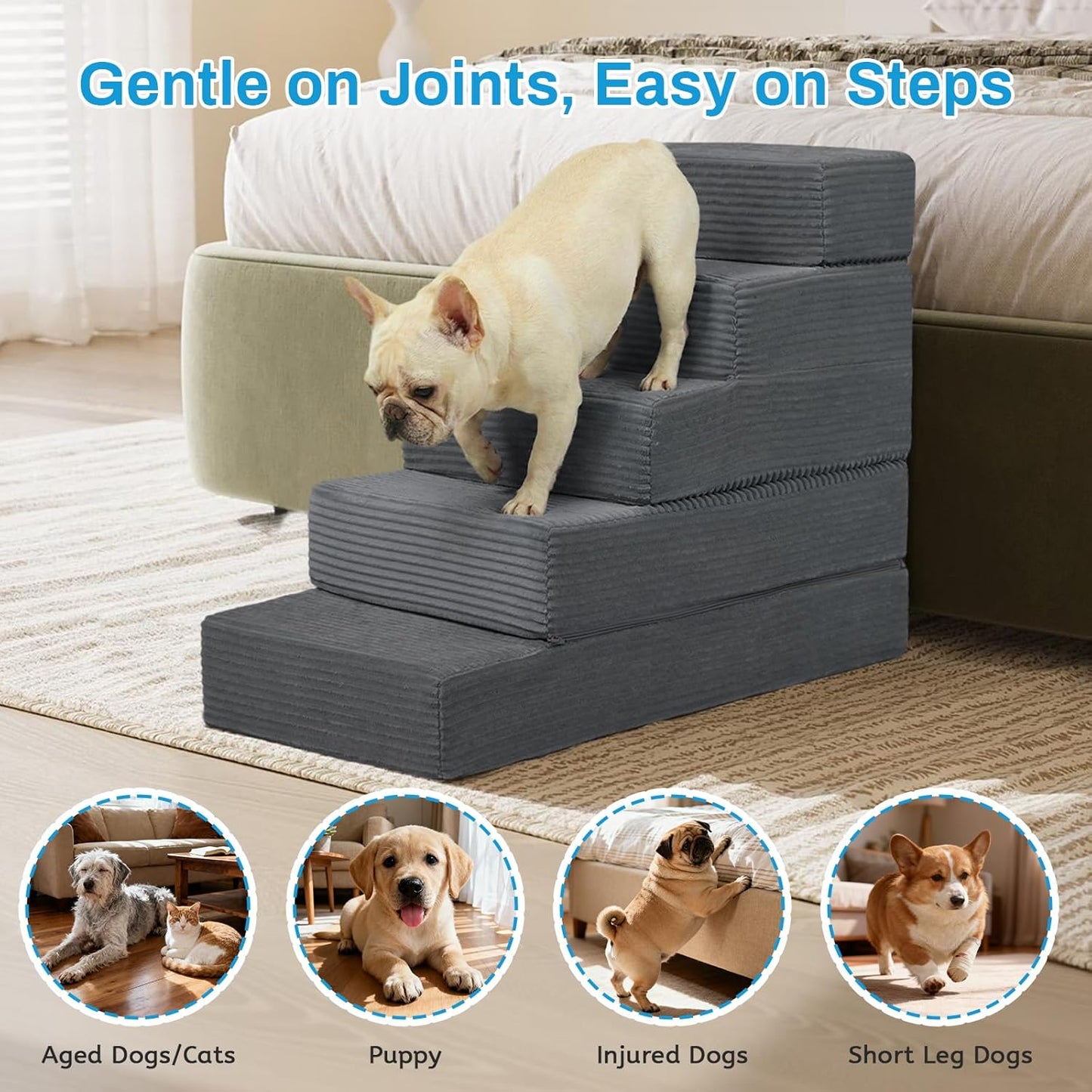 Dog Stairs for Small Dogs 22.4 H'', 5 Step Pet Stairs for High Beds Climb, Non-Slip Dog Steps for Bed Balanced, Foldable Soft Foam Support with Removable Washable Cover, Grey