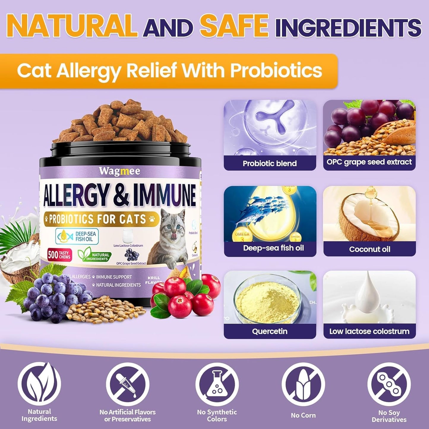 Cat Allergy Relief for Cats with Probiotics & Fish Oil - 500 Crunchy & Creamy Chews for Itchy Skin, Seasonal Allergies, Immune, Skin & Coat Support - with Omega 3 for All Breeds & Ages - Krill Flavor
