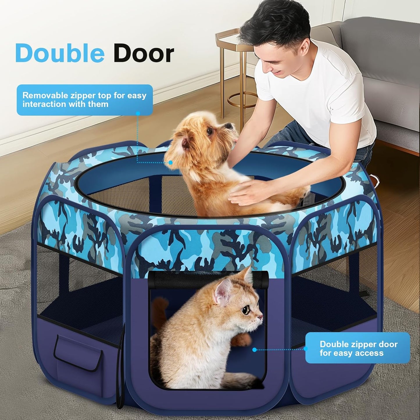 Dog Playpen, Pet Playpen, Portable Cat Playpen, Foldable Puppy Playpen Exercise Kennel Tent with Carry Case Collapsible Bowl,Water-Resistant Shade Cover for Indoor Outdoor Travel （Bule,Medium