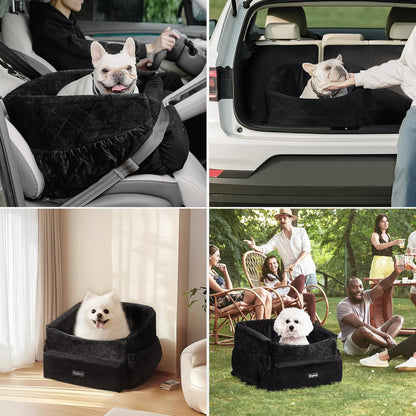 Dog Car Seat for Small Dogs, Washable Dog Car Bed Under 30lbs, Pet Booster Seat Travel Carseats with Reinforced Safety Straps,Clip-on Leash and Storage Pockets
