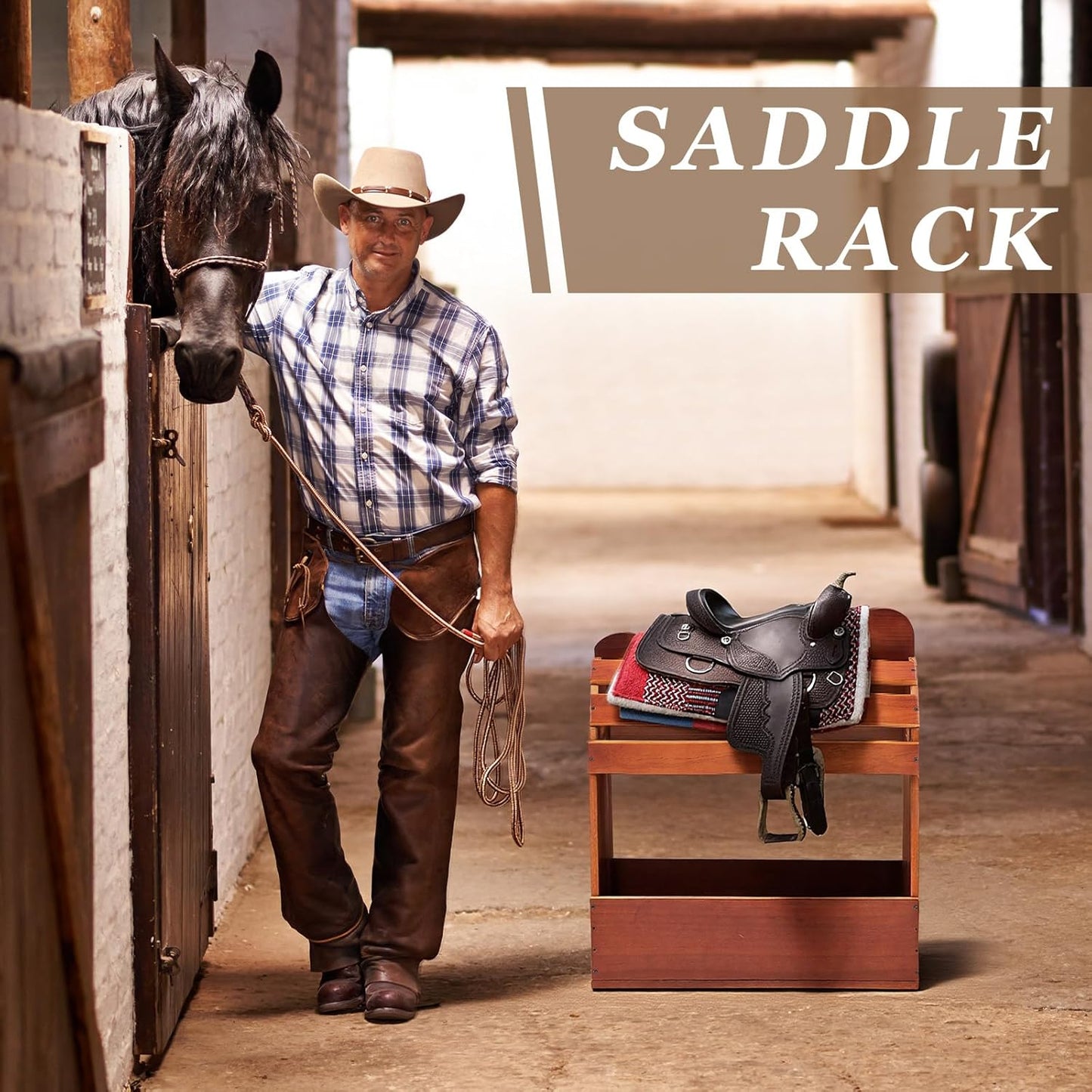 Eccliy Pine Wood Arched Saddle Rack Stand 20" x 12" x 20" Heavy Duty Portable Car Western Saddle Rack with Bottom Shelf Horse Tack Room Supplies Organization Display Saddles(Heightened Semicircle)