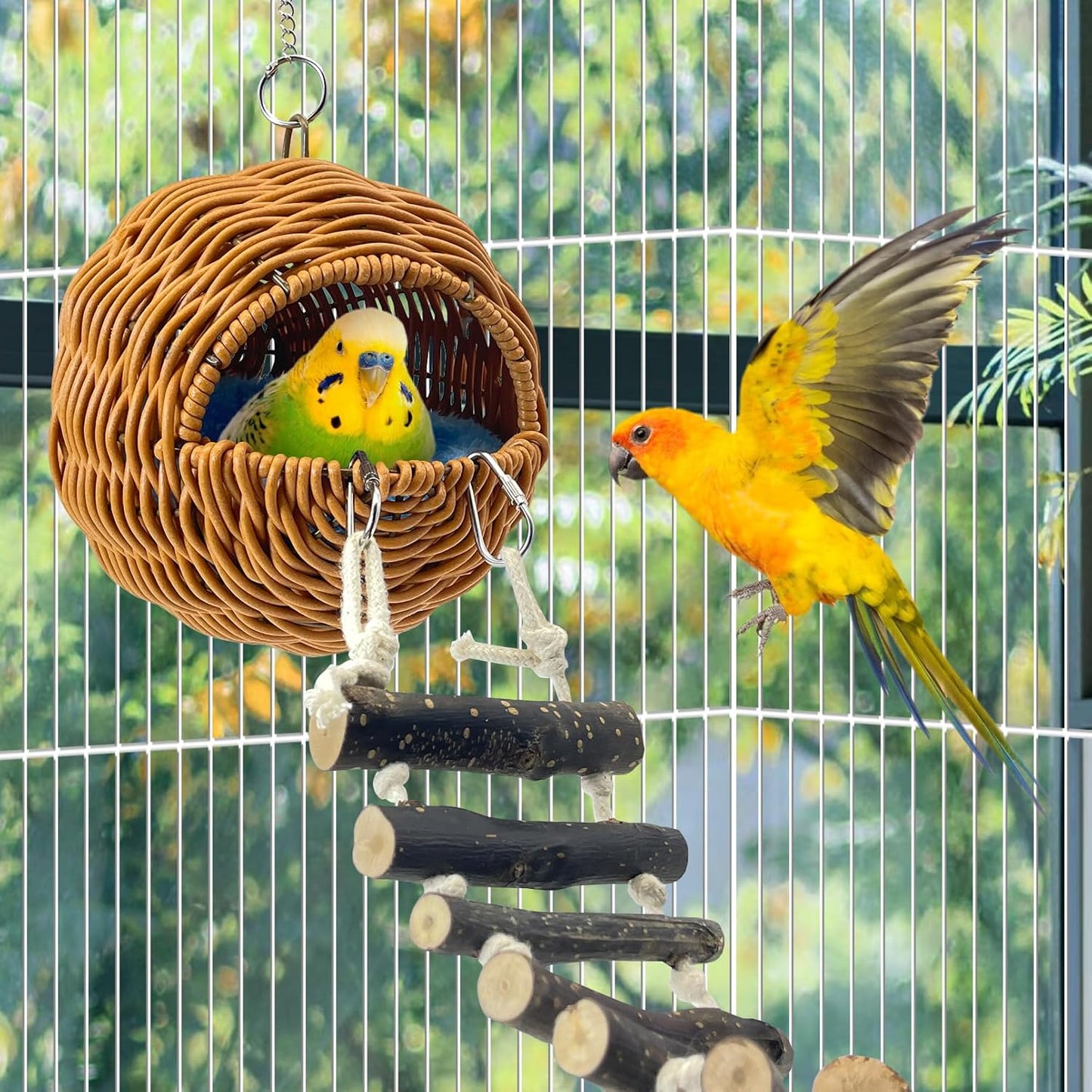 VCEPJH Rattan Bird Nest Hut with Ladder Hanging Bird House for Cage Parakeet Breeding Nest Paly Ground Hideaway for Budgies Conure Finch Cockatiel Parrot Lovebird