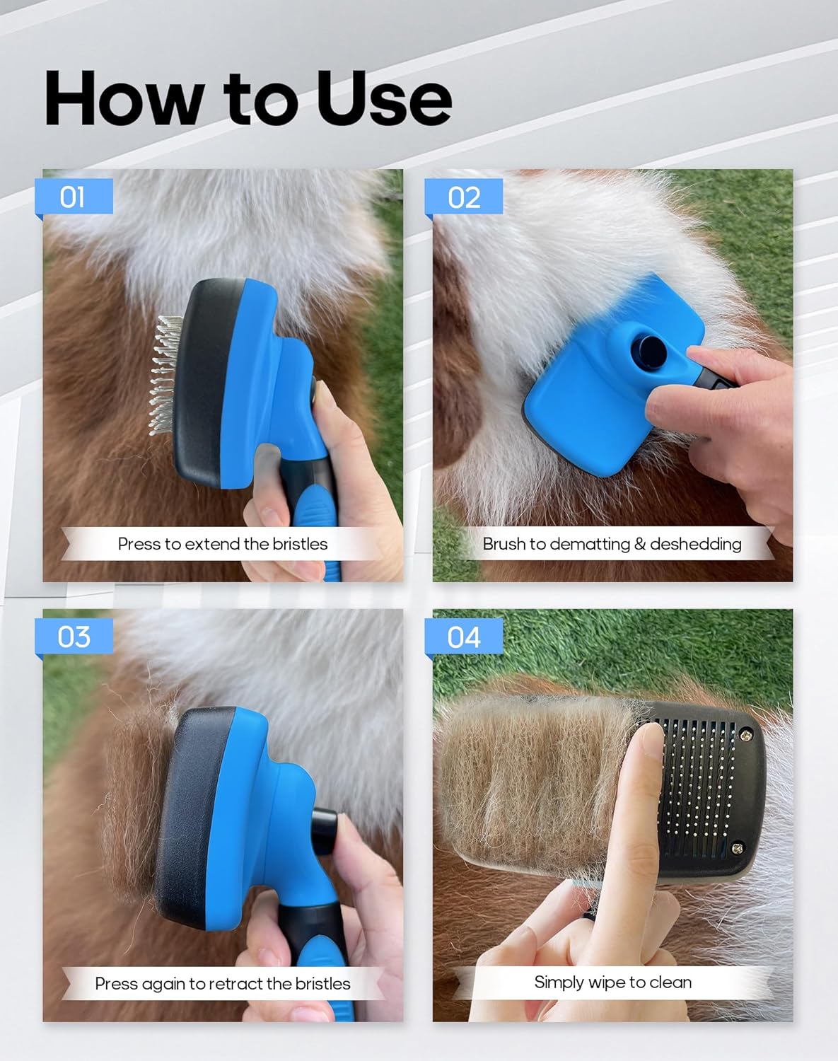 Self Cleaning Shedding Brush - Skin Friendly Grooming Tool for Dogs, Cats, and Puppies, Deshedding and Hair Removal for Long and Short Haired Pets (Blue)