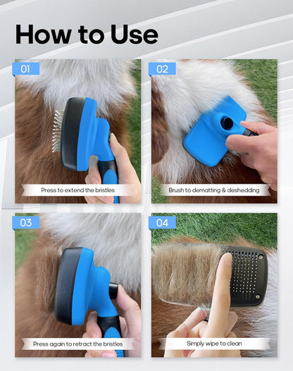 Self Cleaning Shedding Brush - Skin Friendly Grooming Tool for Dogs, Cats, and Puppies, Deshedding and Hair Removal for Long and Short Haired Pets (Blue)