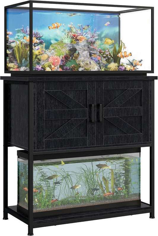 20-29 Gallon Wood Farmhouse Aquarium Stand with Cabinet - 3-Tier Heavy Duty Metal Frame Fish Tank Stand with Storage, Turtle Reptile Tank Stand, 330LBS Capacity, 31.5" L Tabletop, Black