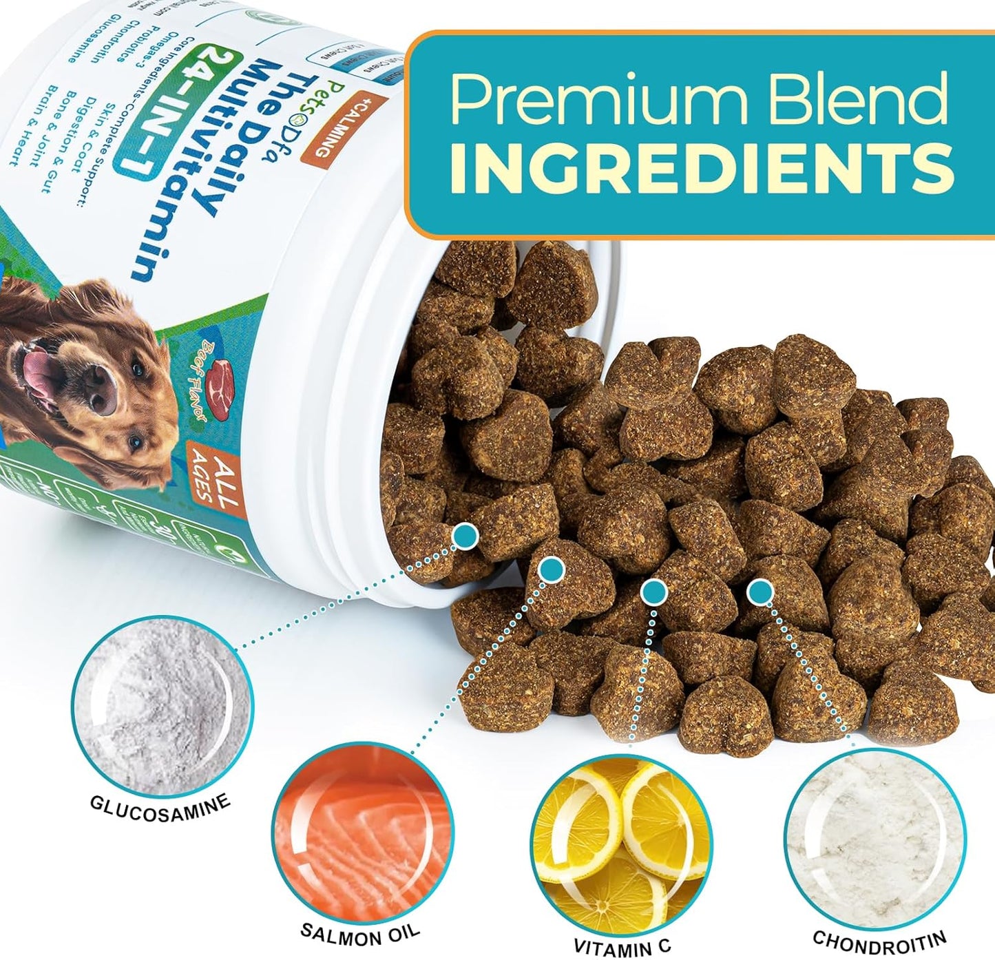 24-in-1 Dog Multivitamin Supplement with Gifted Chew Bone & Pet Comb, 210 Calming Chews, Dog Vitamins with Chondroitin & Probiotics, Hip & Joint, Immune Support, Beef Flavor