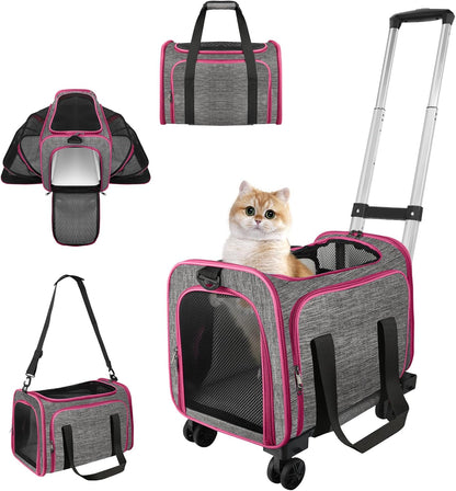 Pet Carrier with Wheels Up to 33 lbs Airline Approved Cat Carrier Rolling Pet Carrier w/Removable Wheels & Expandable Side Washable Plush Mat Pet Travel Carrier with Telescopic Handle & Shoulder Strap