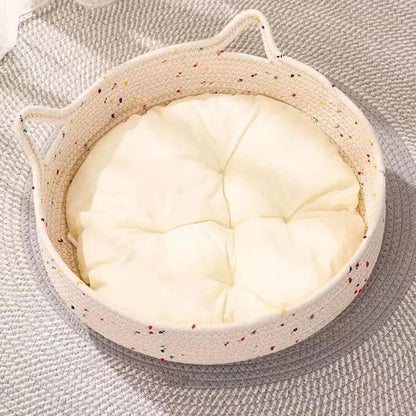 Cat Bed for Indoor Cats – Round Washable Basket with Soft Cushion, Cozy Woven Kitten Bed, 17.7” x 5.9”