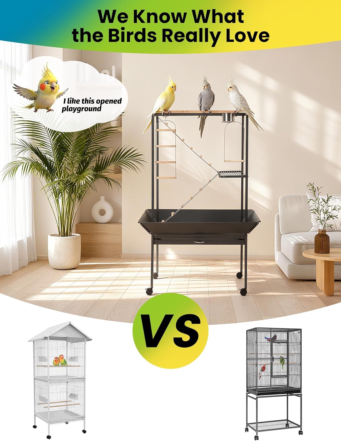 Pet Products Parrot Playstand with Wheels, Bird Cage Stand Activity Play Center with Perches and Ladders, Indoor Outdoor Playground for Birds, Durable Black Hammertone Finish