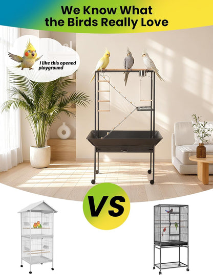 Pet Products Parrot Playstand with Wheels, Bird Cage Stand Activity Play Center with Perches and Ladders, Indoor Outdoor Playground for Birds, Durable Black Hammertone Finish