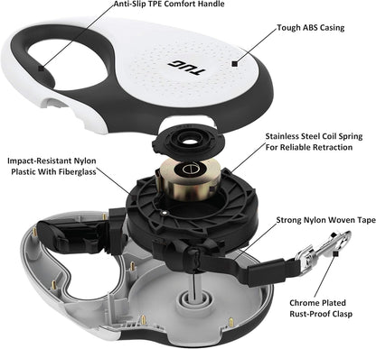 TUG 360° Tangle-Free Retractable Dog Leash | 16 ft Strong Nylon Tape | One-Handed Brake, Pause, Lock (Medium, White)