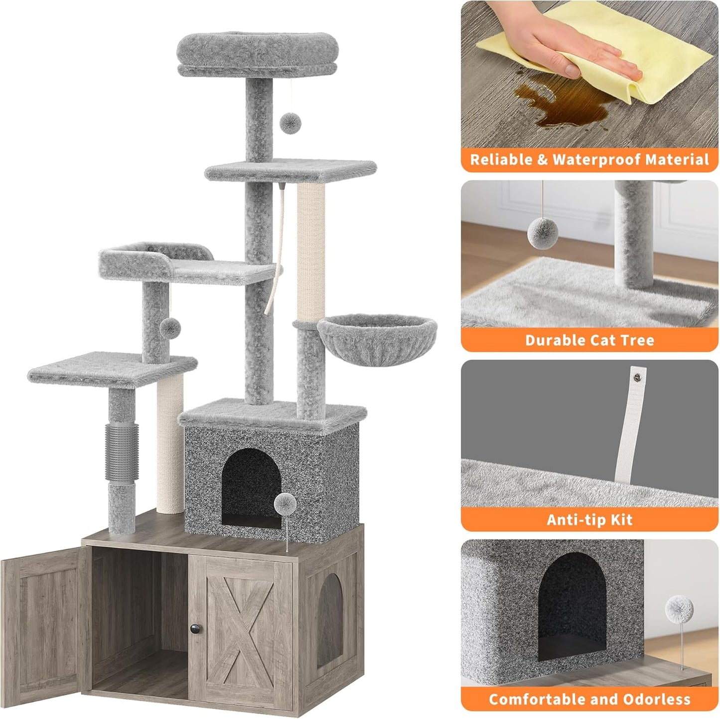 Cat Tree with Litter Box Enclosure Large, Multilevel Cat Play House with Large Condo, Spacious Hammock, Cozy Top Perch,Scratching Post and Dangling Balls