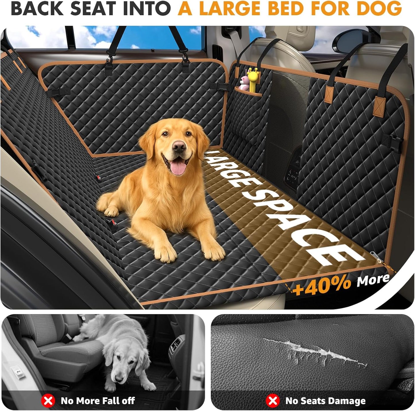 Dog Car Seat Cover for Back Seat, Backseat Extender for Dogs Hard Bottom, Car Back Seat Extender for Dogs, Dog Hammock for Cars, Black