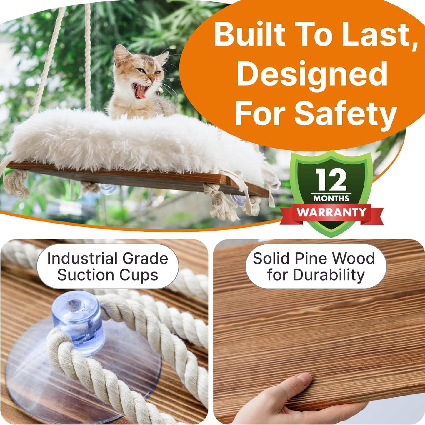 Cat Hammock with Industrial-Grade Suction Cups - Solid Pine Wood Seat, Soft Cushion - 42 lb Capacity