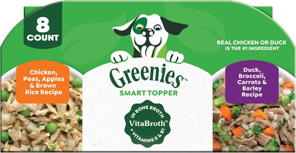 Greenies Smart Topper High Protein Wet Mix-in for Dogs, Chicken, Peas, Apples, and Brown Rice Recipe & Duck, Broccoli, Carrots and Barley Recipe Variety Pack with Whole Grains, 8 Trays of 2oz.