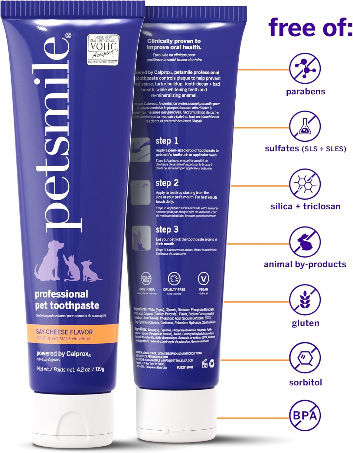 Petsmile Professional Pet Toothpaste Kit - Cat & Dog Applicator Swab & Toothpaste - Control Plaque, Tartar & Bad Breath - VOHC Accepted Toothpaste - Teeth Cleaning Supplies (Say Cheese, 4.2 Oz)