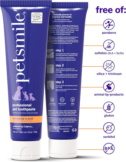 Petsmile Professional Pet Toothpaste Kit - Cat & Dog Applicator Swab & Toothpaste - Control Plaque, Tartar & Bad Breath - VOHC Accepted Toothpaste - Teeth Cleaning Supplies (Say Cheese, 4.2 Oz)
