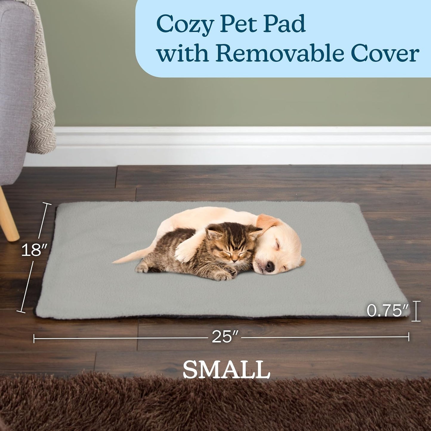 Self Warming Cat Mat - 25x18in Thermal Dog Crate Pad with Removable Washable Sherpa Cover and Reflective Insulation Layer for Self Heating - Pet Supplies for Small Dogs and Cats by PETMAKER (Gray)