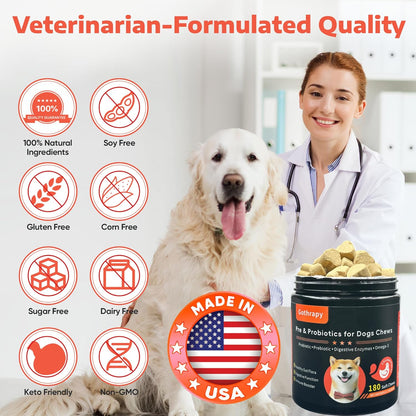 Probiotics for Dogs | Digestive & Gut Health Support | Vet-Formulated Pet Supplement with Prebiotics, Enzymes & Colostrum | Helps with Gas & Upset Stomach | Chicken Flavor - 180 Soft Chews
