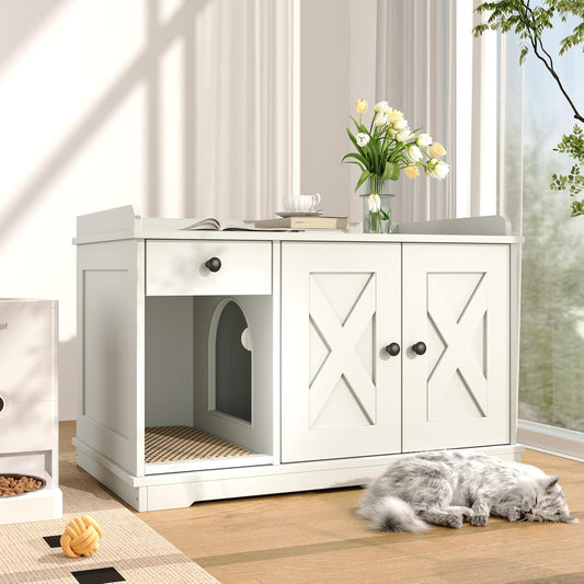 Merax Farmhouse Hidden Cat Litter Box Enclosure with Barn Door & Mat, Wooden Cat Washroom Furniture with Litter Box,Cat House with Storage Drawer Side Table Cabinet for Living Room, White