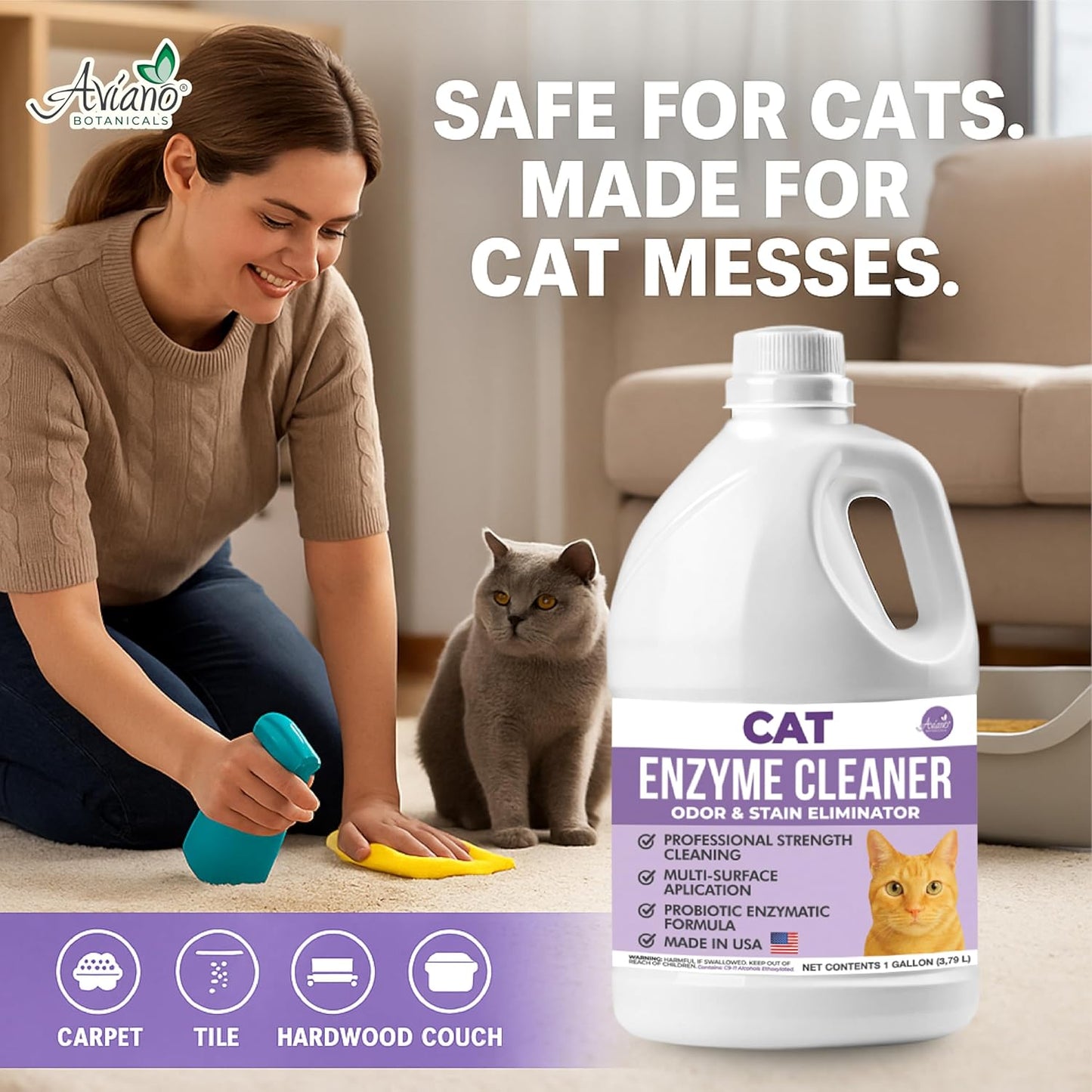 Aviano Cat Enzyme Cleaner – 1 Gallon – Made in USA – Odor Eliminator with Lemon Scent – Pet & Carpet Enzyme Cleaner for Cat Pee, Litter Boxes & Furniture