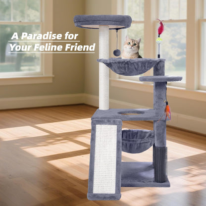 Multi-Level Cat Tree for Indoor Cats, Cat Tree Tower with Big Cat Hammock and Self-Grooming Brush, Cat Tower with Scratch Ladder, Indoor Climbing Activity Tower with Scratching Posts, Grey