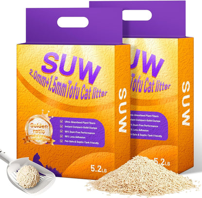 SUW Tofu Cat Litter Quick Clumping, Natural Plant-Based Lightweight flushable tofu Litter for Kitty,unscented pellets, Really 99% Dust-Free,Low Tracking, Effective Odor Control,(5.2LB x 2 Pack)