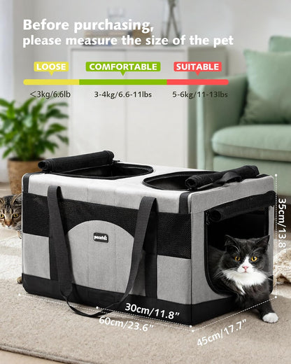 Pecute Cat Carrier for 2 Cats,Dual Cabin Multi Cat Travel Carrier with Removable Divider and Sturdy Frame,Collapsible,Soft,can Hold 20lbs+ for 2 Small Kitten,Medium Dog,Extra Large for Travel,Gray