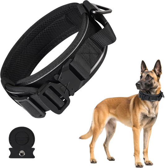 Tactical Dog Collar with Airtag Pocket, Adjustable Military Training Nylon Dog Collar, Reflective Collar with Control Handle and Heavy Duty Metal Buckle for Medium Large Dog(Black,L)