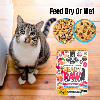 Nature's Diet Ready Raw : Freeze-Dried Raw Cat Food, Chicken, Human Grade, High Pressure Pasteurized (HPP), 96% Meat, Organ, Bone, Safe & Natural, Dry or Wet Feeding