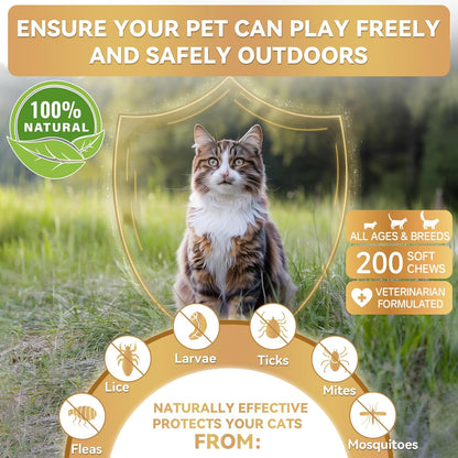 Flea and Tick Prevention Support Drop for Dogs & Cats + 200 Chews for Cats | Pets Oral Natural Supplement Flea and Tick Treatment for All Breeds and Ages