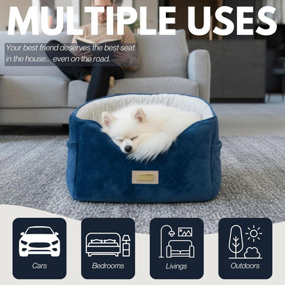 Premium 2-in-1 Dog Car Seat & Home Bed for Small Dogs – Premium Travel Pet Bed with Safety Straps, Stylish Design, Soft Plush Cushion & Secure Portable Comfort – Under 30lbs (Blue)