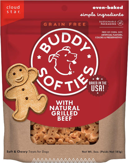 Buddy Biscuit Softies 5 oz Pouch, Grain-Free Soft & Chewy, Natural Grilled Beef Flavor Dog Treats, Oven Baked in the USA