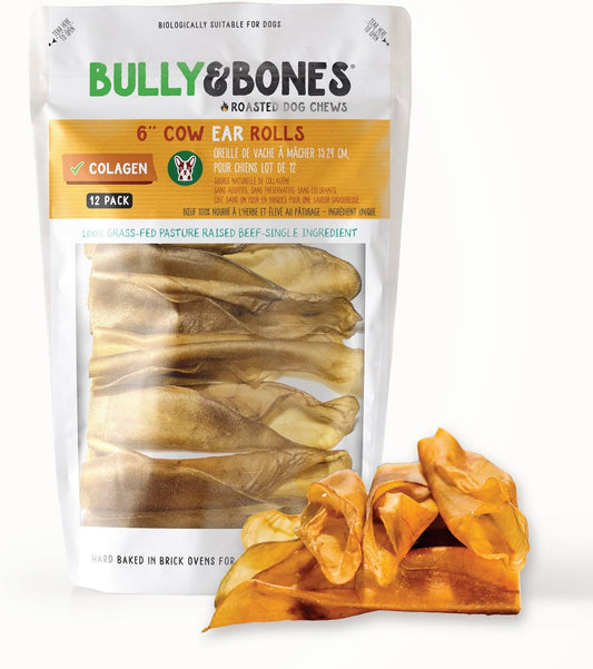 Bully & Bones 6 Inch Cow Ear Rolls (12 Pack) for Dogs. Collagen and Protein Rich, Healthy Single-Ingredient Beef chew Treats Crafted to Stimulate Your Dog’s Taste Buds. 6” Cow Ear Rolls.