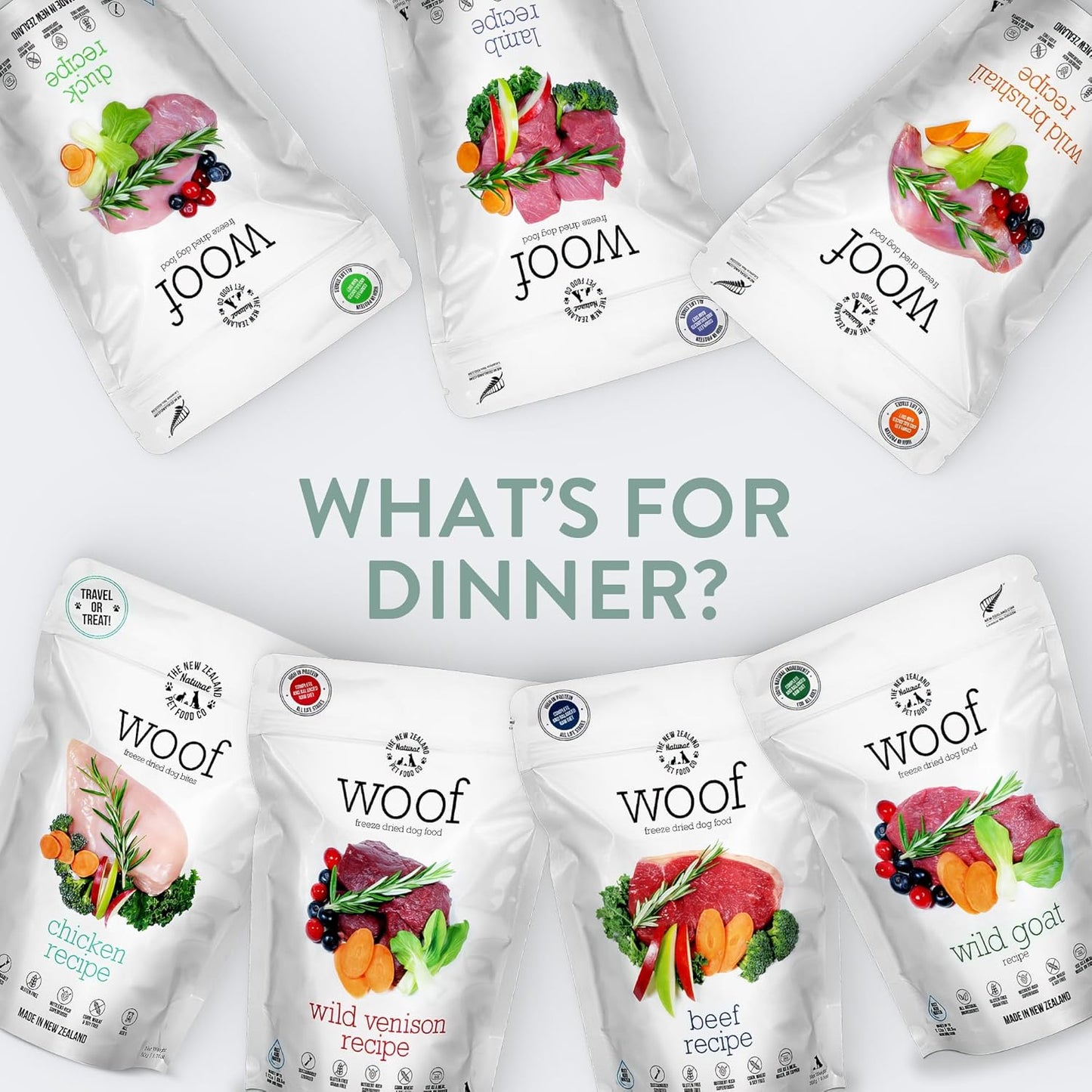 WOOF Freeze Dried Dog Food Bundle - Wild Venison (9.9 oz) & Wild Goat (1.76 oz), High Protein Raw Dog Food, Mixer, Topper, or Treat for All Life Stages