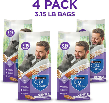 Purina Cat Chow Gentle Sensitive Stomach and Skin Dry Cat Food with Turkey - (Pack of 4) 3.15 lb. Bags